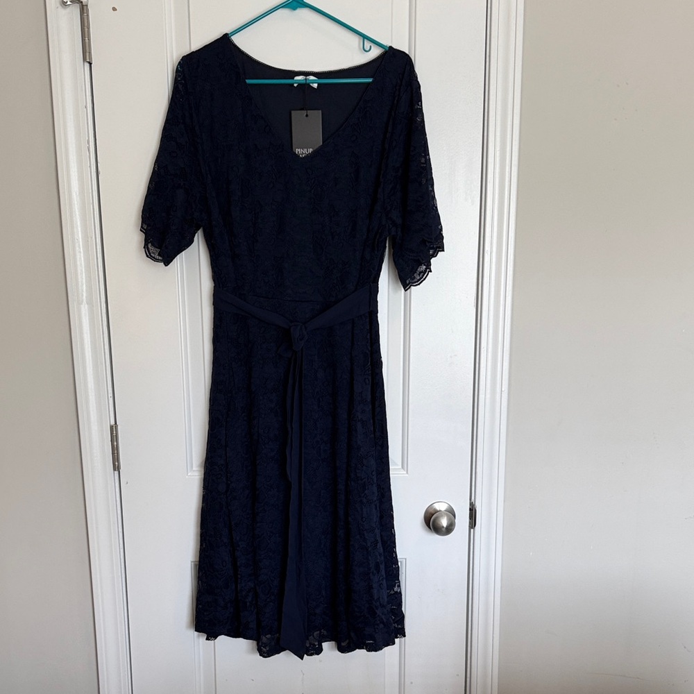 Pinup Fashion Navy Lace Midi Dress with Tie Waist